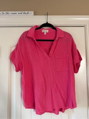Cloth + Stone Casual Pink Gauze V-Neck Pocket Blouse